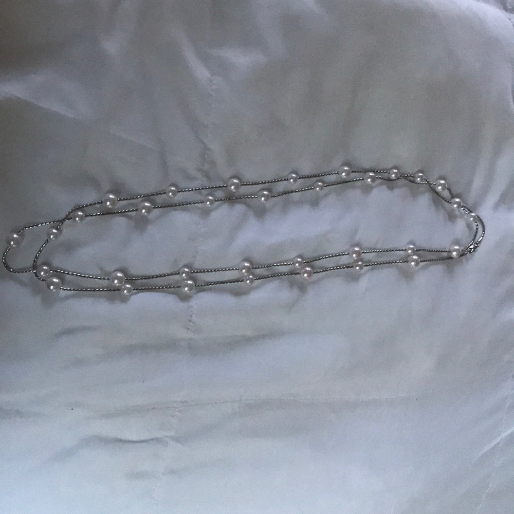 Long silver and pearl necklace